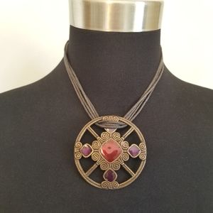 Axcess Brass Medallion Multi Leather Strand Necklace